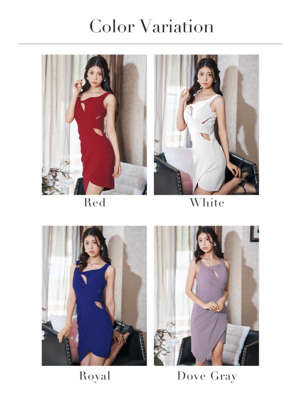 画像31: Lサイズあり【JEAN MACLEAN/ジャンマクレーン】ノースリーブ/ ワンカラー/ カットアウト/ バックル/ アシンメトリー/ タック/ ひざ丈/ タイト/ ミディアムドレス/ キャバドレス【HC02】