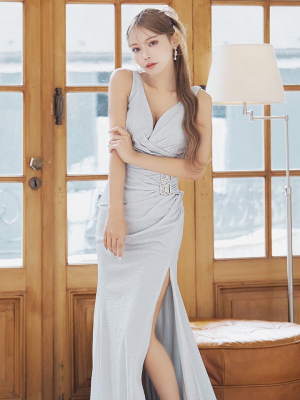 画像6: Lサイズあり【JEAN MACLEAN/ジャンマクレーン】マーメイド/ タック/ ワンカラー/ ラメニット/ スリット/ ストレッチ/ ノースリーブ/ ロングドレス/ キャバドレスlong【HC02】