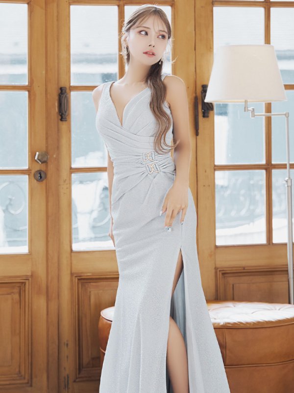 画像8: Lサイズあり【JEAN MACLEAN/ジャンマクレーン】マーメイド/ タック/ ワンカラー/ ラメニット/ スリット/ ストレッチ/ ノースリーブ/ ロングドレス/ キャバドレスlong【HC02】