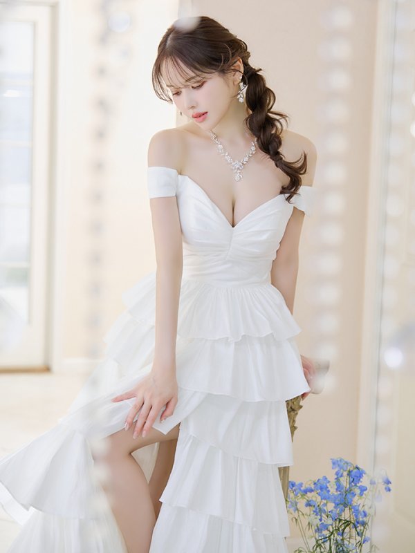 画像3: Lサイズあり【JEAN MACLEAN/ジャンマクレーン】フリル/ ワンカラー/ オフショルダー/ スリット/ Aライン/ フレア/ ロングドレス/ キャバドレス long【HC02】