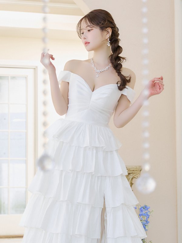 画像6: Lサイズあり【JEAN MACLEAN/ジャンマクレーン】フリル/ ワンカラー/ オフショルダー/ スリット/ Aライン/ フレア/ ロングドレス/ キャバドレス long【HC02】