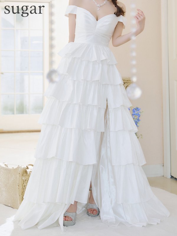 画像8: Lサイズあり【JEAN MACLEAN/ジャンマクレーン】フリル/ ワンカラー/ オフショルダー/ スリット/ Aライン/ フレア/ ロングドレス/ キャバドレス long【HC02】