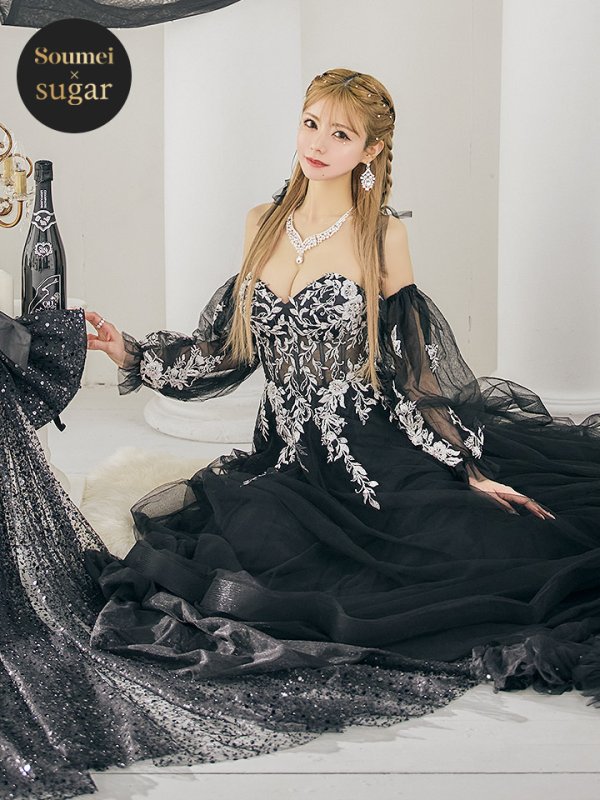 画像3: 【一条響/関西コレクション着用】Lサイズあり【JEAN MACLEAN/ジャンマクレーン】2way/ パフスリーブ/ 袖付き/ フラワー刺繍/ オフショルダー/ ベア/ チュール/ Aライン/ フレア/ プリンセスロング/ ロングドレス/ キャバドレス long【HC02】