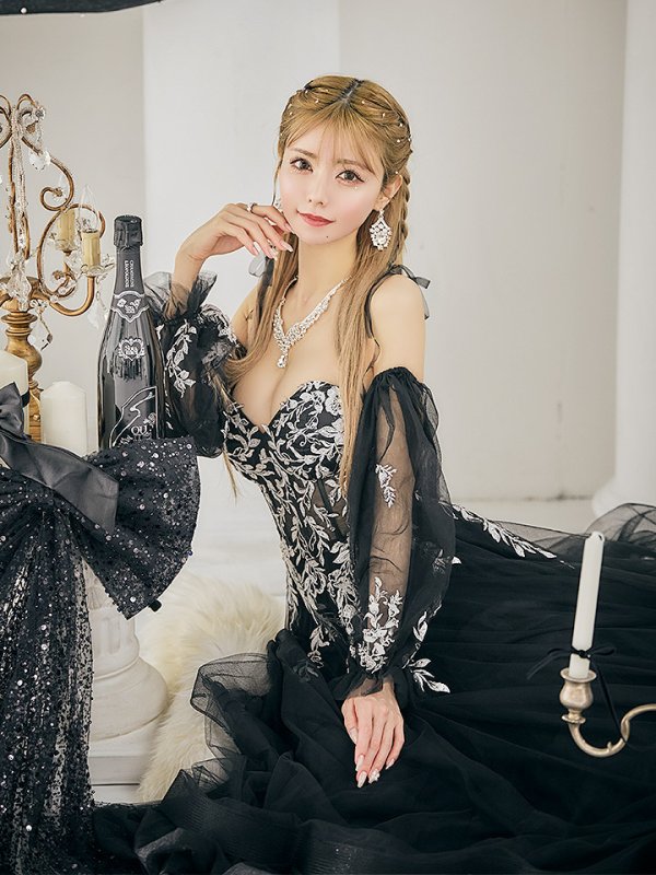 画像8: 【一条響/関西コレクション着用】Lサイズあり【JEAN MACLEAN/ジャンマクレーン】2way/ パフスリーブ/ 袖付き/ フラワー刺繍/ オフショルダー/ ベア/ チュール/ Aライン/ フレア/ プリンセスロング/ ロングドレス/ キャバドレス long【HC02】