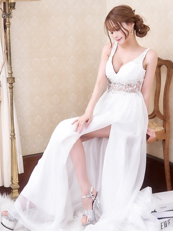 画像12: Lサイズあり【JEAN MACLEAN/ジャンマクレーン】ビジュー刺繍/ シフォン/ ノースリーブ/ スリット/ Aライン/ フレア/ ロング/ キャバドレス long【HC02】