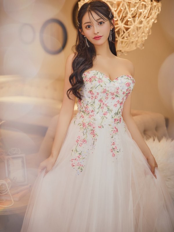 画像4: Lサイズあり【JEAN MACLEAN/ジャンマクレーン】パフスリーブ/ ロングスリーブ/ フラワー刺繍/ チュール/ レース/ Aライン/ フレア/ プリンセスロング/ ロングドレス/ キャバドレス long【HC02】