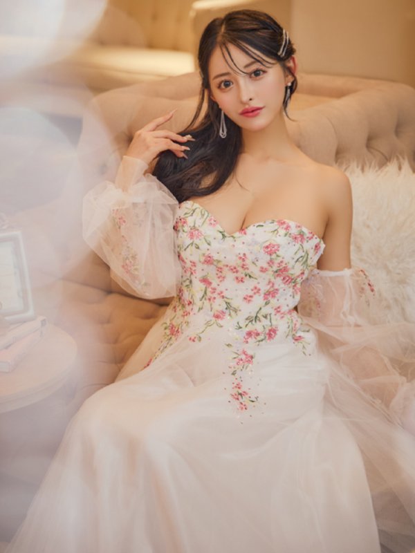 画像6: Lサイズあり【JEAN MACLEAN/ジャンマクレーン】パフスリーブ/ ロングスリーブ/ フラワー刺繍/ チュール/ レース/ Aライン/ フレア/ プリンセスロング/ ロングドレス/ キャバドレス long【HC02】