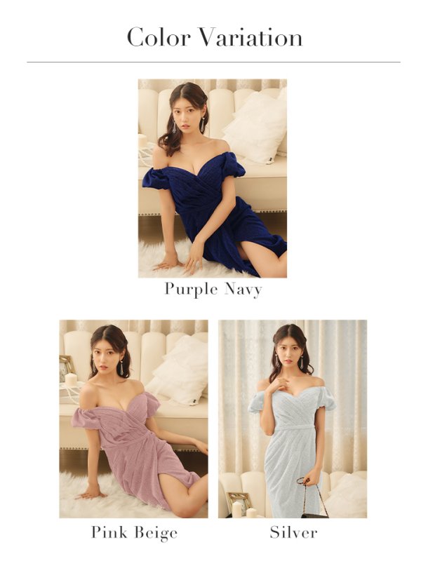 画像20: Lサイズあり【JEAN MACLEAN/ジャンマクレーン】タック/ ラメニット/ オフショルダー/ ストレッチ/ タイト/ 膝丈/ ミディアムドレス/ キャバドレス【HC02】