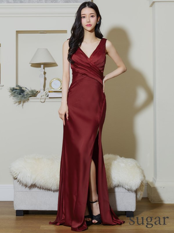 画像15: 【JEAN MACLEAN/ジャンマクレーン】ワンカラー/ ノースリーブ/ Vネック/ スリット/ ストレッチ/ タイト/ ロングドレス/ キャバドレスlong【HC02】