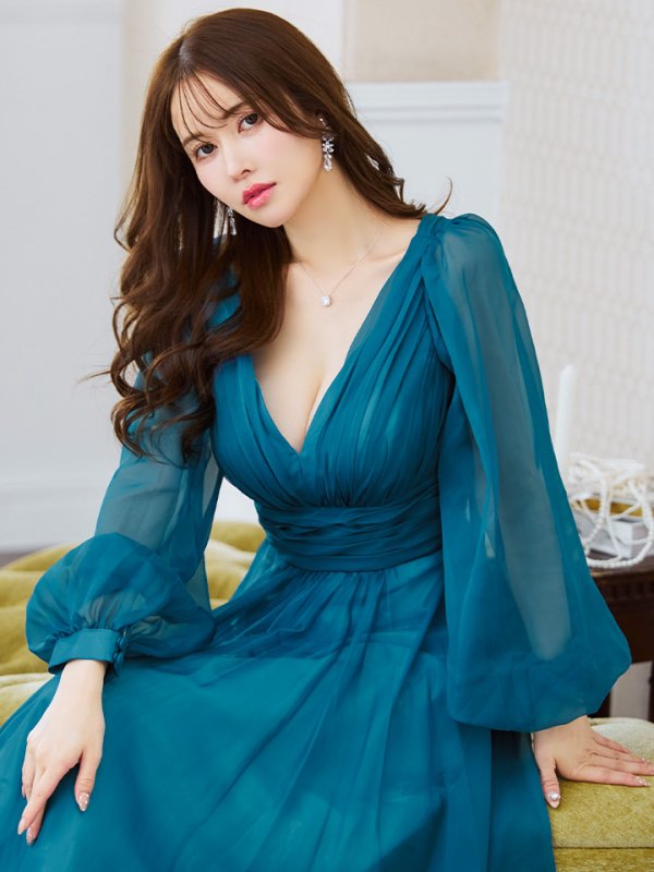 画像10: Lサイズあり【JEAN MACLEAN/ジャンマクレーン】シフォン/ Vネック/ 無地/ ロングスリーブ/ パフスリーブ/ Aライン/ フレア/ ロング/ キャバドレス long【HC02】