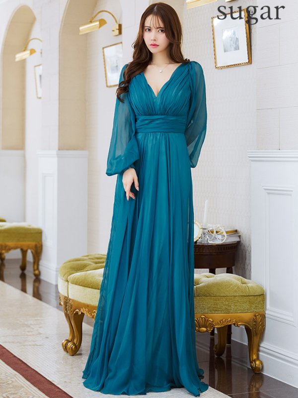 画像11: Lサイズあり【JEAN MACLEAN/ジャンマクレーン】シフォン/ Vネック/ 無地/ ロングスリーブ/ パフスリーブ/ Aライン/ フレア/ ロング/ キャバドレス long【HC02】