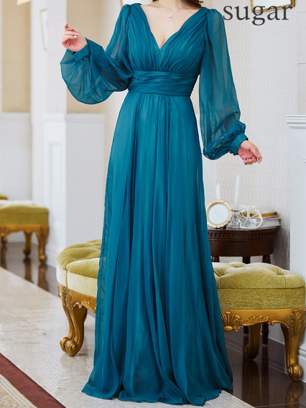 画像12: Lサイズあり【JEAN MACLEAN/ジャンマクレーン】シフォン/ Vネック/ 無地/ ロングスリーブ/ パフスリーブ/ Aライン/ フレア/ ロング/ キャバドレス long【HC02】