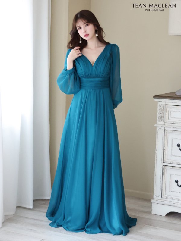 画像16: Lサイズあり【JEAN MACLEAN/ジャンマクレーン】シフォン/ Vネック/ 無地/ ロングスリーブ/ パフスリーブ/ Aライン/ フレア/ ロング/ キャバドレス long【HC02】