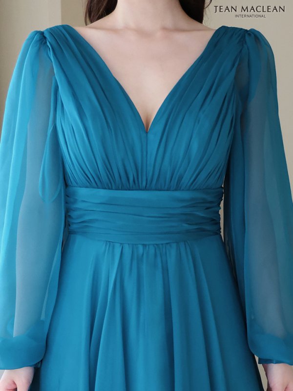 画像18: Lサイズあり【JEAN MACLEAN/ジャンマクレーン】シフォン/ Vネック/ 無地/ ロングスリーブ/ パフスリーブ/ Aライン/ フレア/ ロング/ キャバドレス long【HC02】