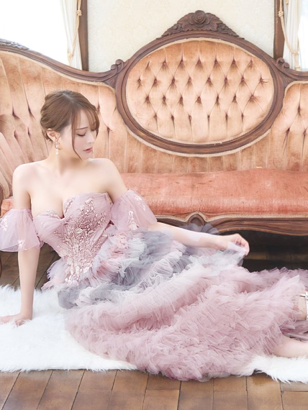 画像6: Lサイズあり【JEAN MACLEAN/ジャンマクレーン】2way/ ベア/ オフショル/ パフスリーブ/ フラワー刺繍/ チュール/ レース/ Aライン/ フレア/ プリンセスロング/ ロングドレス/ キャバドレス long【HC02】