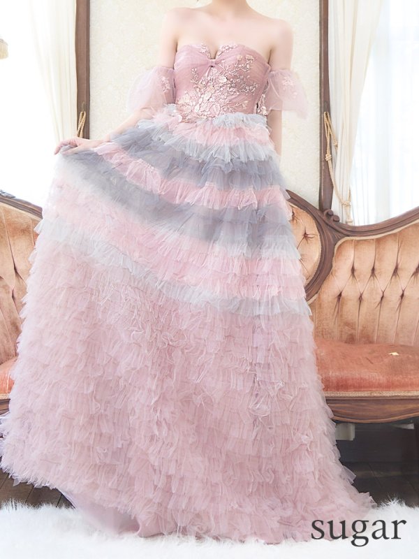 画像8: Lサイズあり【JEAN MACLEAN/ジャンマクレーン】2way/ ベア/ オフショル/ パフスリーブ/ フラワー刺繍/ チュール/ レース/ Aライン/ フレア/ プリンセスロング/ ロングドレス/ キャバドレス long【HC02】