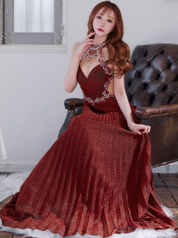 画像4: 【IRMA/イルマ】ラメ/ ホルターネック/ プリーツ/ シアー/ Aライン/ ロングドレス/ キャバドレス long【HC02】