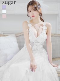 Lサイズあり【JEAN MACLEAN/ジャンマクレーン】立体フラワー/ ノースリーブ/ チュール/ Aライン/ スリット/ フレア/ プリンセス/ ロングドレス/ キャバドレス long【HC02】