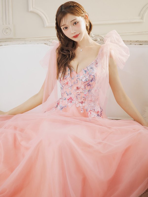 画像5: Lサイズあり【JEAN MACLEAN/ジャンマクレーン】ショルダーリボン/ フラワー刺繍/ チュール/ ノースリーブ/ Aライン/ フレア/ プリンセス/ ロングドレス/ キャバドレス long【HC02】