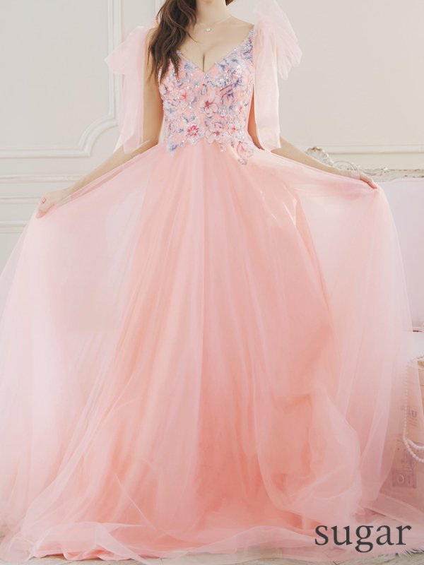 画像10: Lサイズあり【JEAN MACLEAN/ジャンマクレーン】ショルダーリボン/ フラワー刺繍/ チュール/ ノースリーブ/ Aライン/ フレア/ プリンセス/ ロングドレス/ キャバドレス long【HC02】