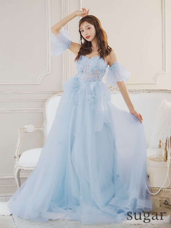 画像7: Lサイズあり【JEAN MACLEAN/ジャンマクレーン】2way/ パフスリーブ付き/ ベア/ 立体フラワー/ シアー/ チュールリボン/ Aライン/ フレア/ プリンセス/ ロングドレス/ キャバドレス long【HC02】