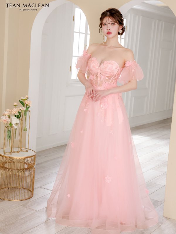 画像15: Lサイズあり【JEAN MACLEAN/ジャンマクレーン】2way/ パフスリーブ付き/ ベア/ 立体フラワー/ シアー/ チュールリボン/ Aライン/ フレア/ プリンセス/ ロングドレス/ キャバドレス long【HC02】