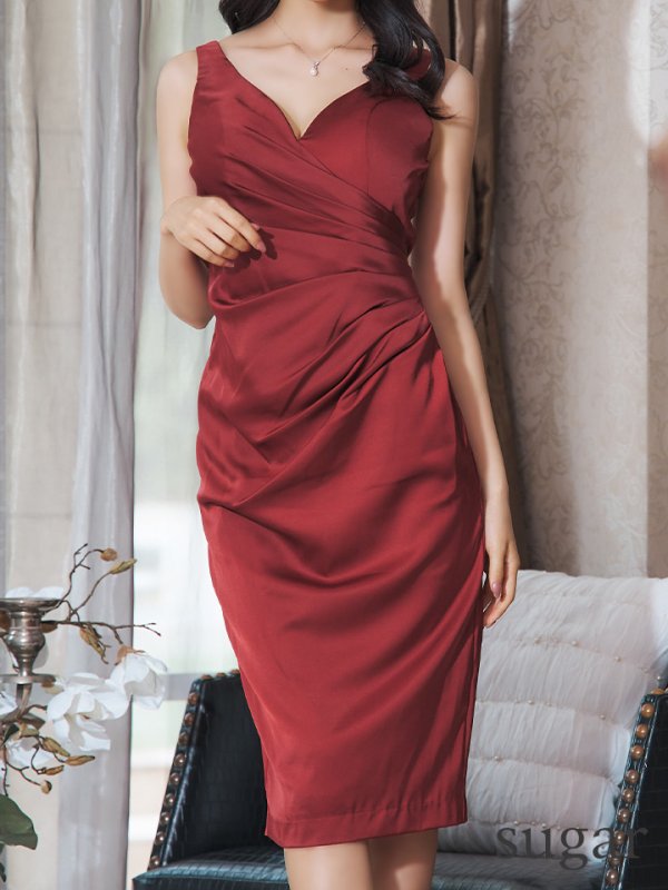 画像8: Lサイズあり【JEAN MACLEAN/ジャンマクレーン】シンプル/ ワンカラー/ カシュクール/ ノースリーブ/ タイト/ 膝丈/ ミディアムドレス/ キャバドレス【HC02】