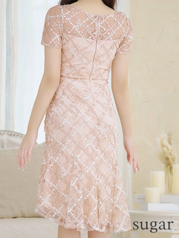 画像4: Lサイズあり【JEAN MACLEAN/ジャンマクレーン】モールレース/ シアー/ 半袖/ 袖あり/ タック/ ひざ丈/ テールカット/ フレア/ ミディアムドレス/ キャバドレス【HC02】