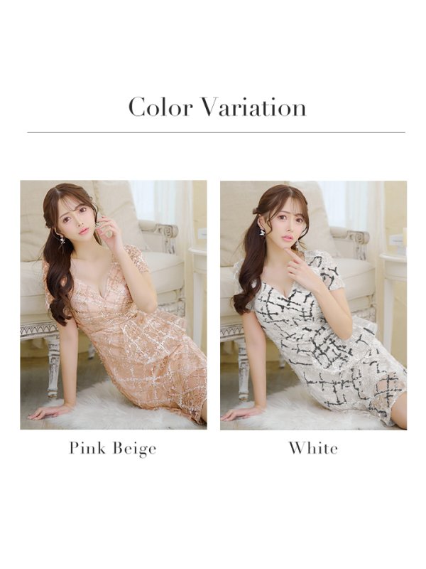 画像18: Lサイズあり【JEAN MACLEAN/ジャンマクレーン】モールレース/ シアー/ 半袖/ 袖あり/ タック/ ひざ丈/ テールカット/ フレア/ ミディアムドレス/ キャバドレス【HC02】