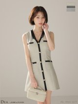 XSサイズあり【DEA./ディア】配色ライン/ Vネック/ ノースリーブ/ 台形/ フレア/ Aライン/ミニドレス/ キャバドレス[OF08]