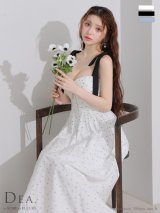 【予約商品/6月下旬発送予定】Lサイズあり【DEA./ディア】ショルダーリボン/ ドット/ フレア/ ロング/ ワンピース/ ミモレ丈/ マキシ丈/ ミディアムドレス/ キャバドレス long[OF2]