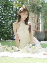 【予約商品/7月中旬発送予定】XS-Lサイズあり【ROBE de FLEURS/ローブドフルール】Divine flow halter long dress/ ホルターネック/ プリーツ/ フリル/ ティアード/ リボン/ バイカラー/ ワンピース/ フレア/ ミニドレス/ キャバドレス[OF08]