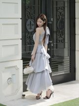 【予約商品/7月中旬発送予定】XS-Lサイズあり【ROBE de FLEURS/ローブドフルール】Divine flow halter long dress/ ホルターネック/ プリーツ/ フリル/ ティアード/ リボン/ バイカラー/ ワンピース/ フレア/ ミニドレス/ キャバドレス[OF08]
