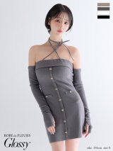 【予約商品/8月下旬発送予定】XSサイズあり【Glossy/グロッシー】アームウォーマー付き/ リブニット/ フロントボタン/ タイト/ ミニドレス/ キャバドレス[OF08]