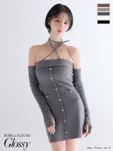 XSサイズあり【Glossy/グロッシー】アームウォーマー付き/ リブニット/ フロントボタン/ タイト/ ミニドレス/ キャバドレス[OF08]