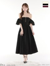 【予約商品/12月中旬発送予定】Lサイズあり【DEA./ディア】ラメ/ ジャガード/ オフショル/ バルーンスリーブ/ フレア/ ミディアムドレス/ キャバドレス long[OF08]