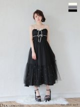【予約商品/11月中旬発送予定】XSサイズあり【ROBE de FLEURS/ローブドフルール】ドットパールリボン チュールフレア/ ロング/ ドレス/ キャバドレス[OF08]