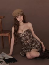 【予約商品/10月下旬発送予定】【ROBE de FLEURS/ローブドフルール】2WAY/ チェック/ レザー/ パイピング/ ベアトップ/ キャミソール/ Aライン/ フレア/ セットアップ/ ミニドレス/ キャバドレス[OF08]
