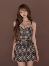 【予約商品/10月下旬発送予定】【ROBE de FLEURS/ローブドフルール】2WAY/ チェック/ レザー/ パイピング/ ベアトップ/ キャミソール/ Aライン/ フレア/ セットアップ/ ミニドレス/ キャバドレス[OF08]