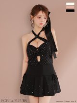 【予約商品/7月上旬発送予定】XSサイズあり【ROBE de FLEURS/ローブドフルール】クロスホルター/ ビジュー/ ミニリボン/ フレア/ セットアップ/ ミニドレス/ キャバドレス[OF2]