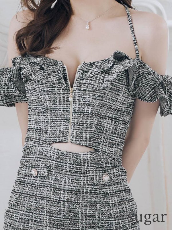 画像15: XSサイズあり【IRMA/イルマ】ツイード/ キャミソール/ フリル/ オフショルダー/ カットアウト/ タイト/ ミニドレス/ キャバドレス【HC02】