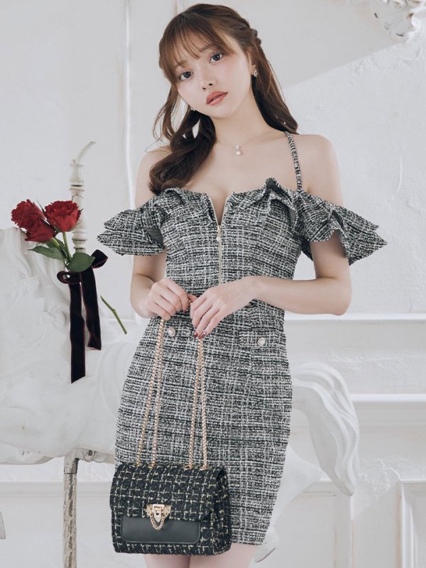 画像8: XSサイズあり【IRMA/イルマ】ツイード/ キャミソール/ フリル/ オフショルダー/ カットアウト/ タイト/ ミニドレス/ キャバドレス【HC02】