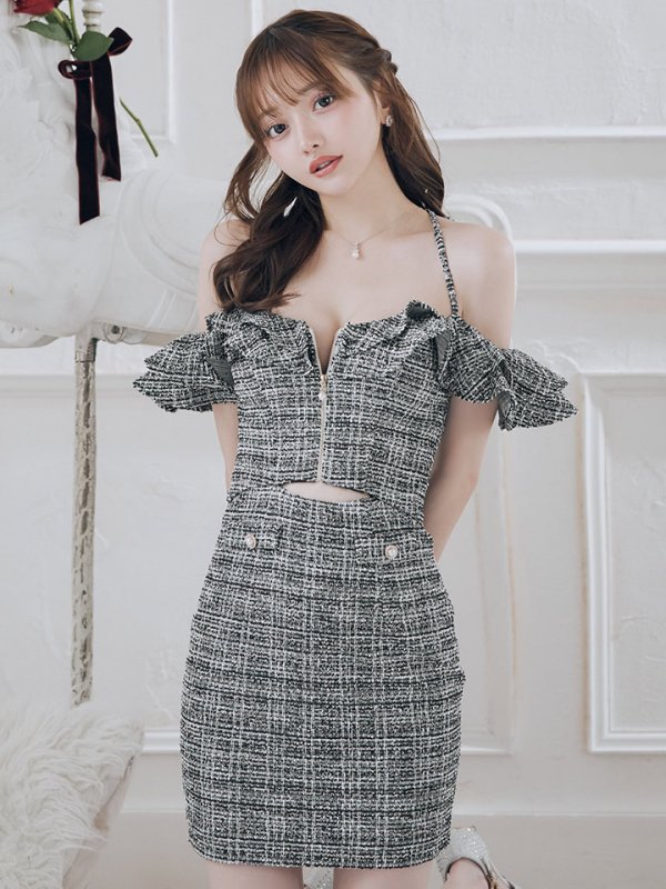 画像9: XSサイズあり【IRMA/イルマ】ツイード/ キャミソール/ フリル/ オフショルダー/ カットアウト/ タイト/ ミニドレス/ キャバドレス【HC02】