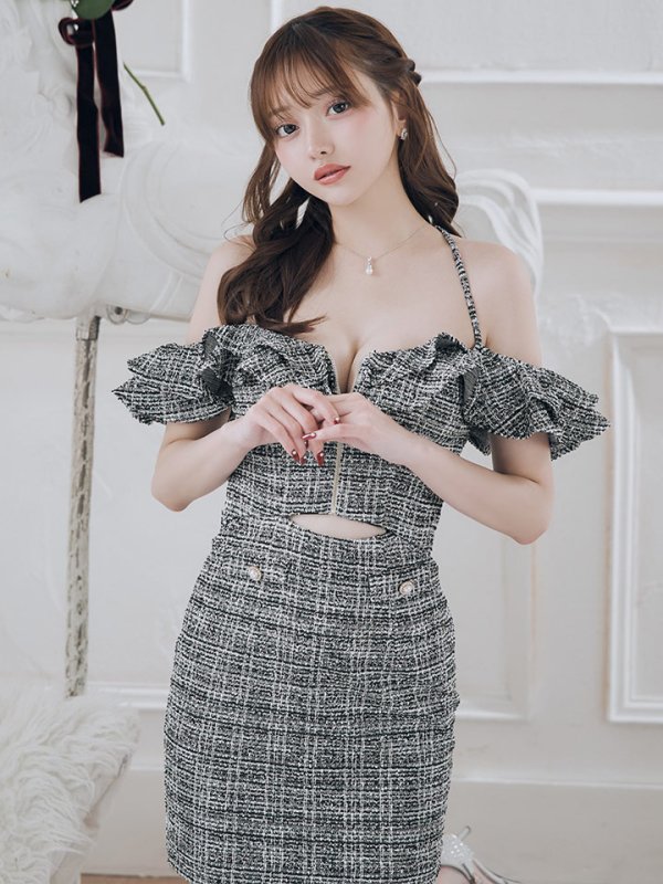 画像11: XSサイズあり【IRMA/イルマ】ツイード/ キャミソール/ フリル/ オフショルダー/ カットアウト/ タイト/ ミニドレス/ キャバドレス【HC02】