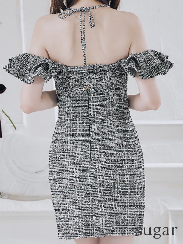 画像14: XSサイズあり【IRMA/イルマ】ツイード/ キャミソール/ フリル/ オフショルダー/ カットアウト/ タイト/ ミニドレス/ キャバドレス【HC02】