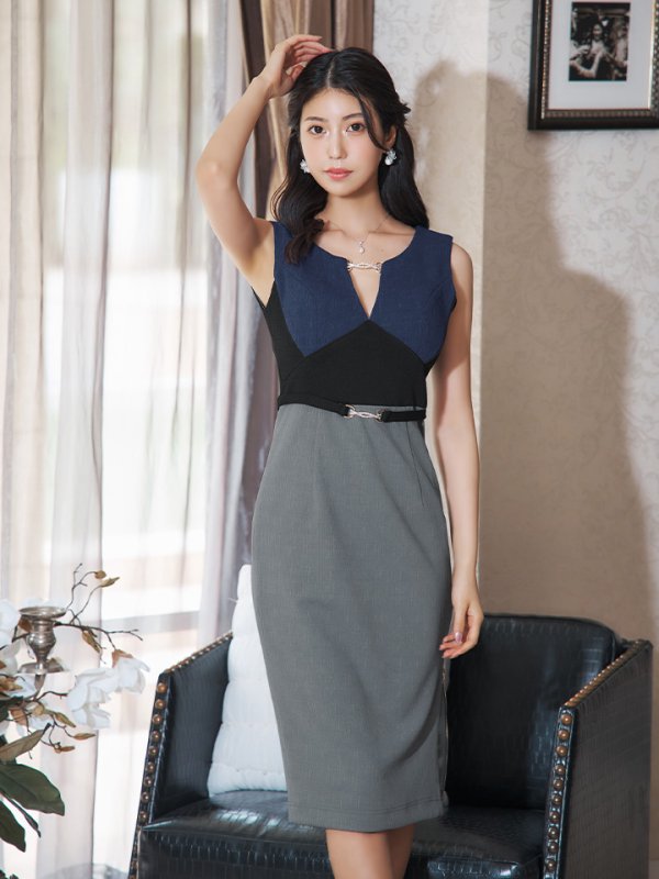 画像6: 【JEAN MACLEAN/ジャンマクレーン】バイカラー/ ウエストベルト/ バックル/ ノースリーブ/ タイト/ ひざ丈/ ミディアムドレス/ キャバドレス【HC02】