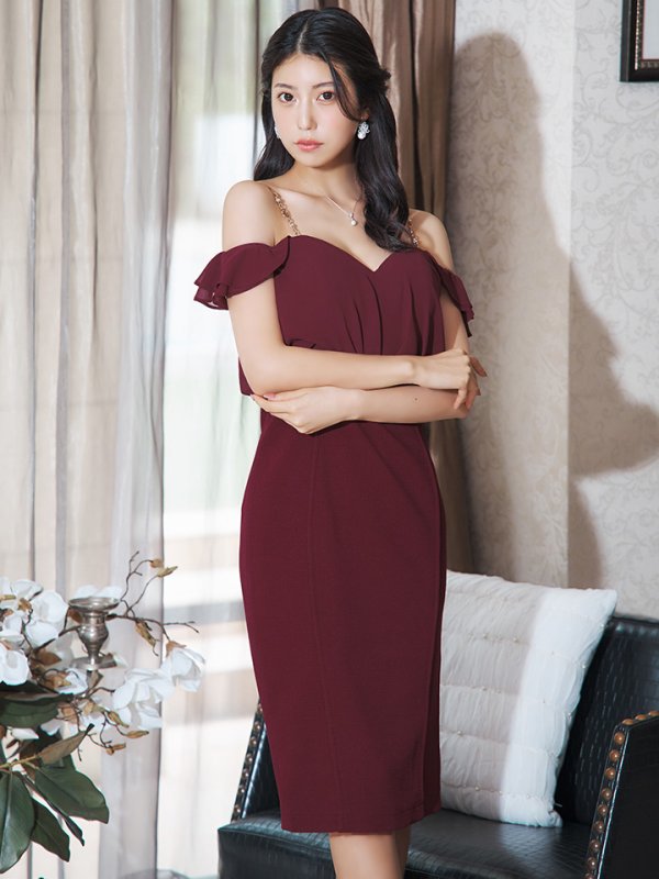 画像10: Lサイズあり【JEAN MACLEAN/ジャンマクレーン】シンプル/ ワンカラー/ オフショル/ サイドジップ/ タイト/ 膝丈/ ミディアムドレス/ キャバドレス【HC02】