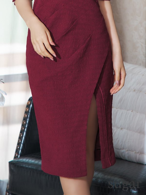 画像16: Lサイズあり【JEAN MACLEAN/ジャンマクレーン】カシュクール/ 半袖/ 袖あり/ タック/ 膝丈/ タイト/ ミディアムドレス/ キャバドレス【HC02】