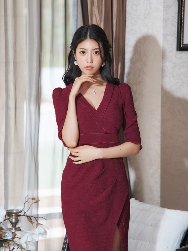 画像8: Lサイズあり【JEAN MACLEAN/ジャンマクレーン】カシュクール/ 半袖/ 袖あり/ タック/ 膝丈/ タイト/ ミディアムドレス/ キャバドレス【HC02】