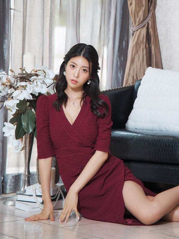 画像10: Lサイズあり【JEAN MACLEAN/ジャンマクレーン】カシュクール/ 半袖/ 袖あり/ タック/ 膝丈/ タイト/ ミディアムドレス/ キャバドレス【HC02】